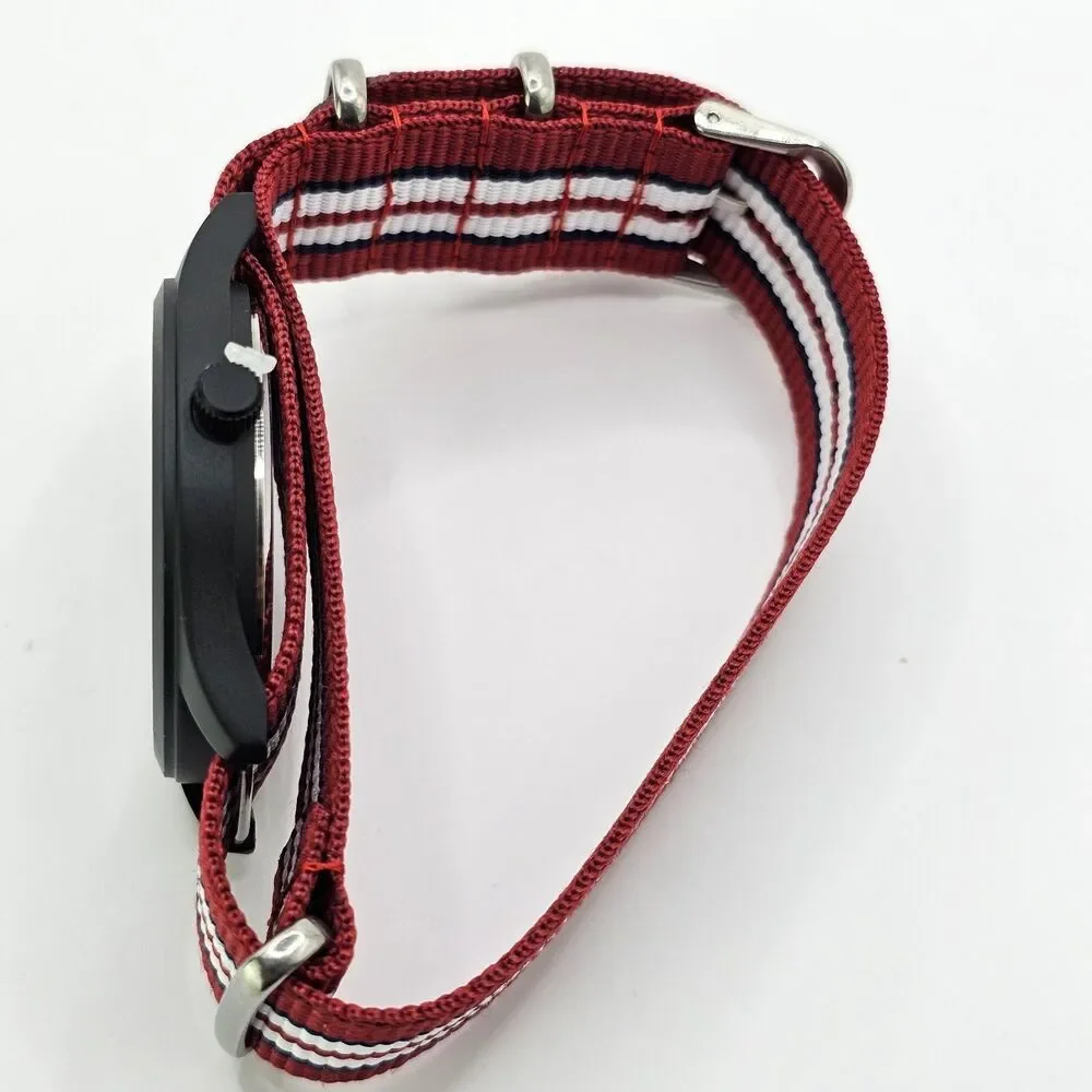 Men's Military Watch 42MM Large Case Black Dial Red Blue White Canvas Band Strap